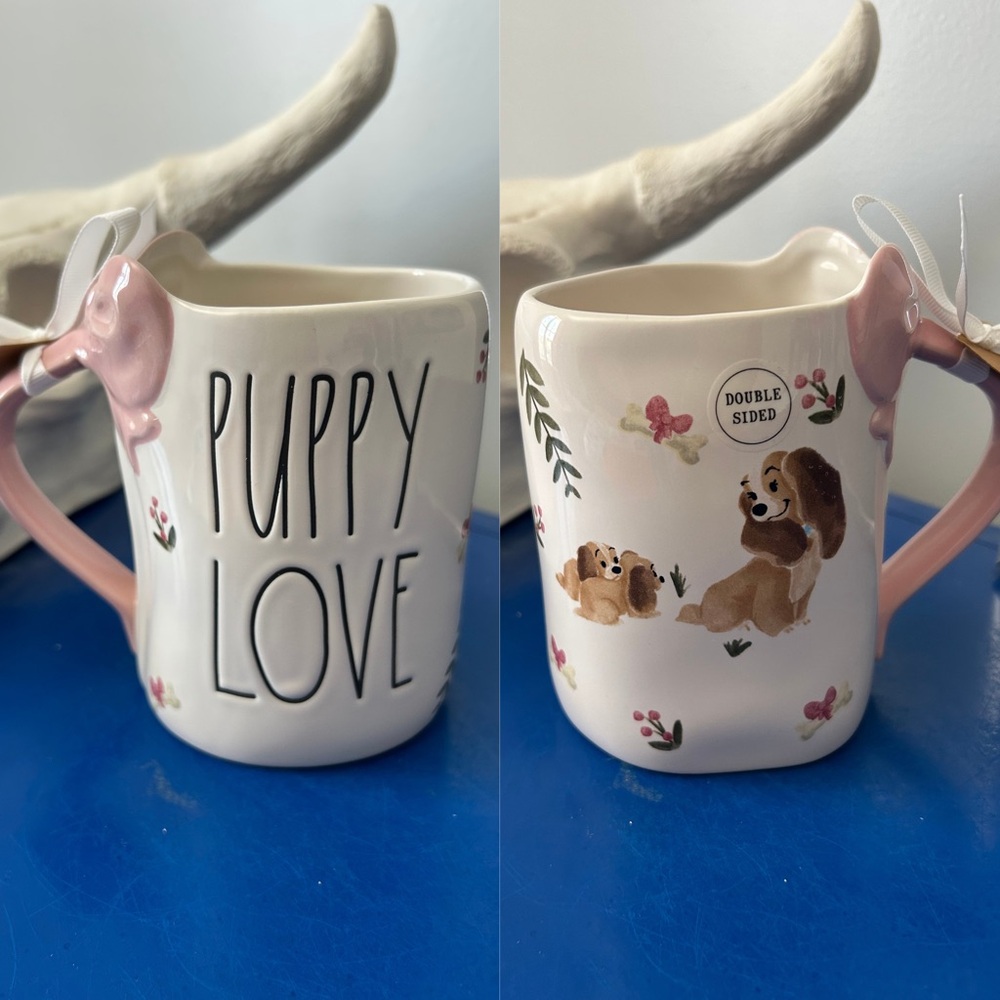 Rae Dunn Disney Lady and the Tramp Puppy Love Pink Bow Double Sided Mug
